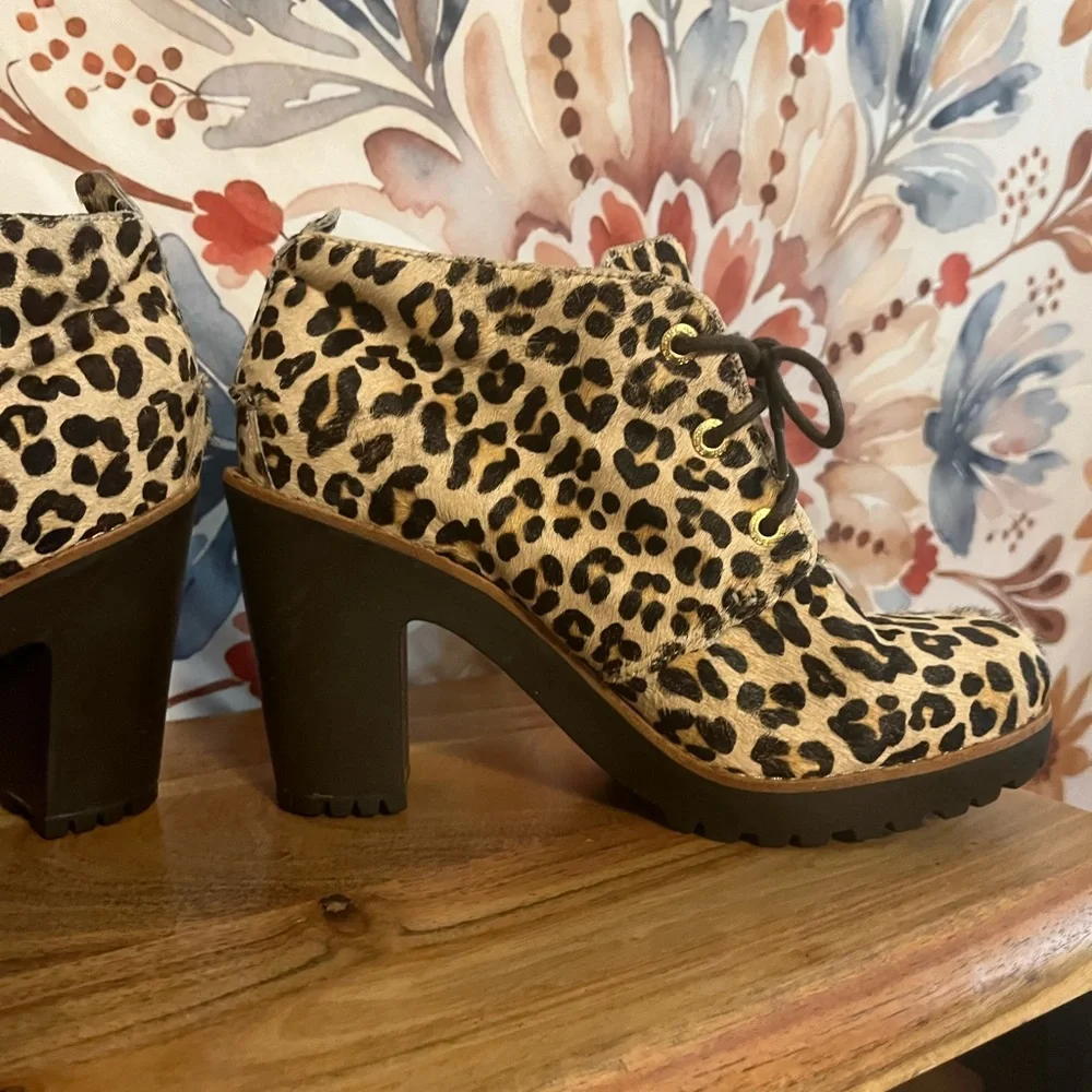 Sperry Princeton Womens 9M Leopard Leather Faux Fur Chunky Heel Fall Booties